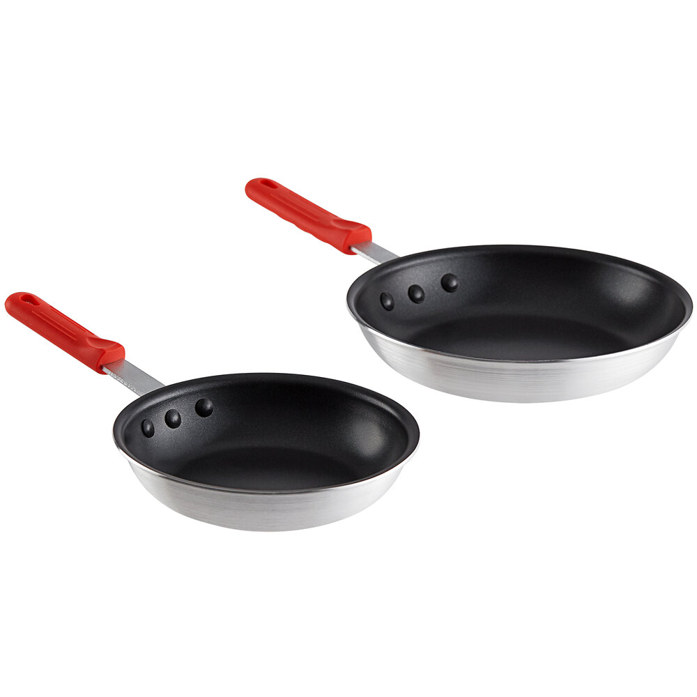 Choice 2-Piece Aluminum Non-Stick Fry Pan Set with Red Silicone Handles - 8" and 10" Frying Pans