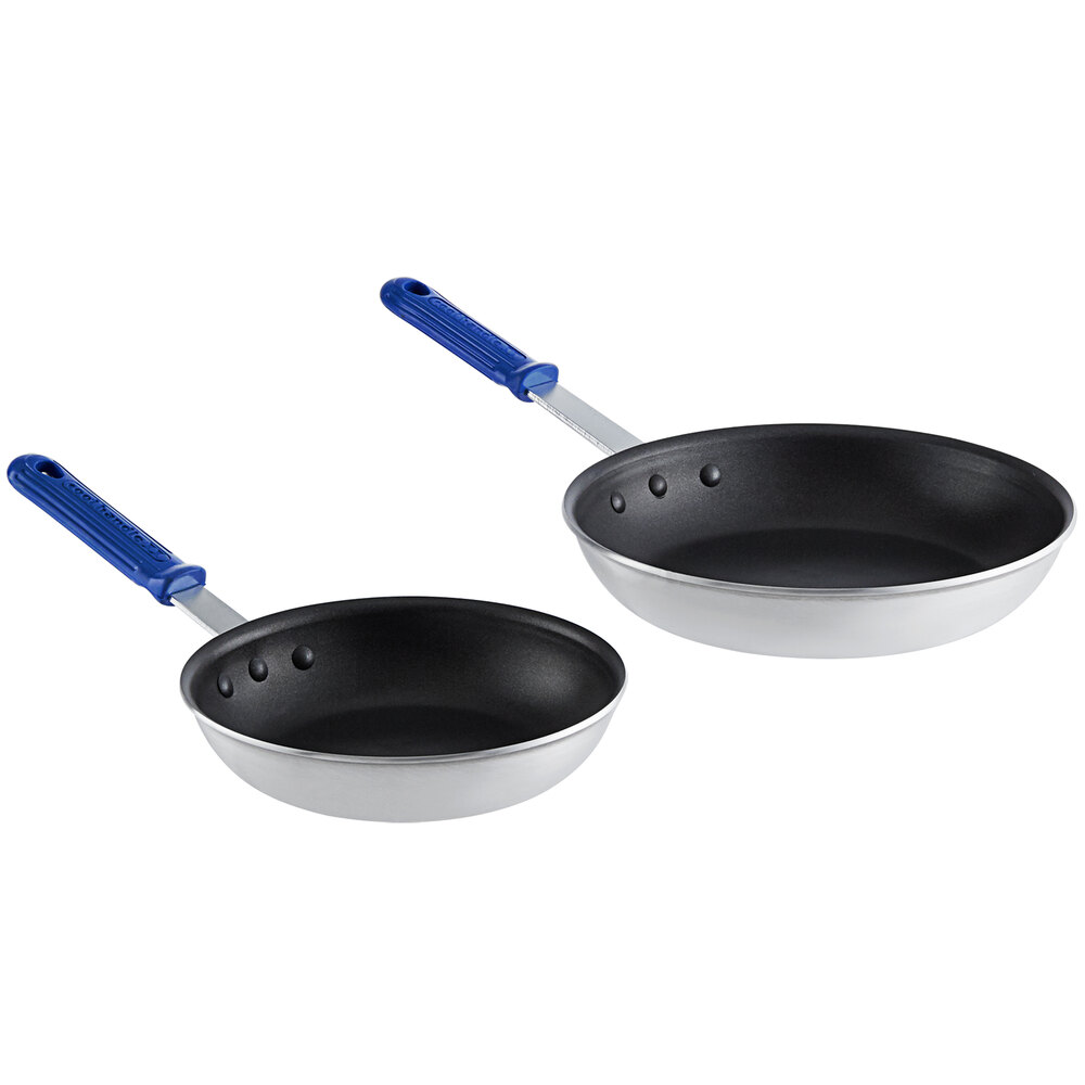 Vollrath Wear-Ever 2-Piece Aluminum Non-Stick Fry Pan Set with CeramiGuard II Coating and Blue Cool Handles - 8" and 10" Frying Pans