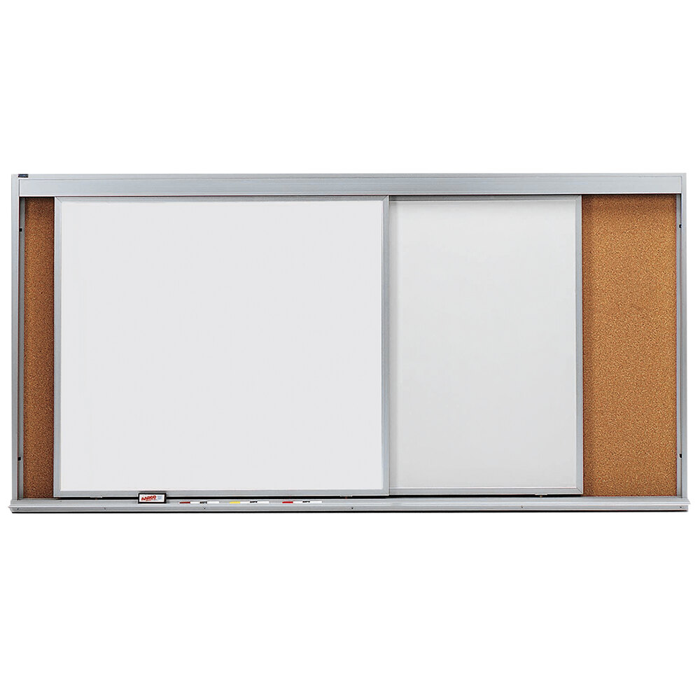 Aarco HSU48-2 96" x 48" Stationary Cork Board With 2 Horizontal Sliding Marker Boards
