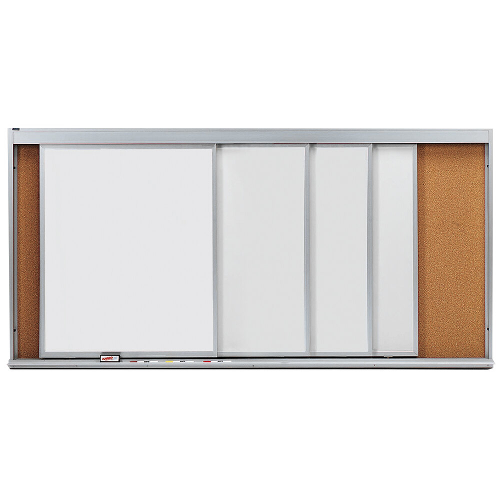 Aarco HSU48-4 96" x 48" Stationary Cork Board With 4 Horizontal Sliding Marker Boards
