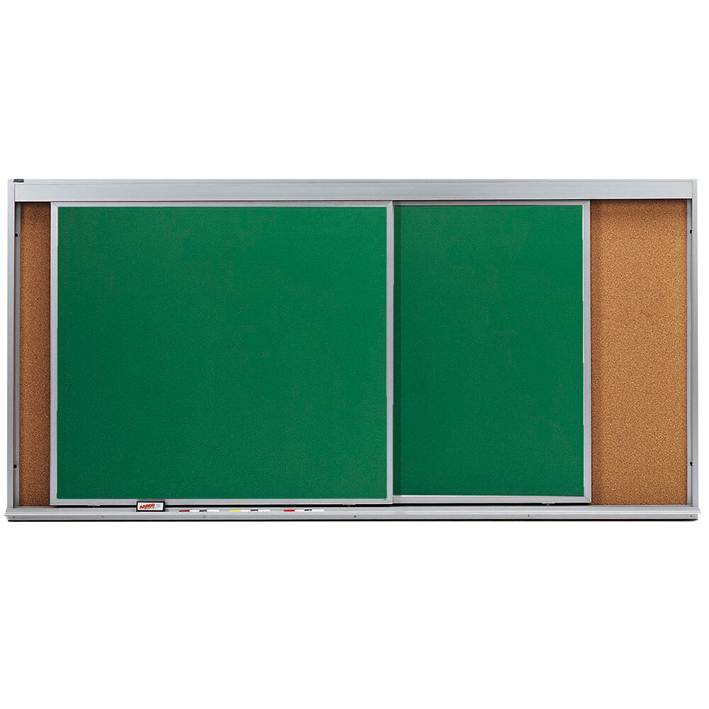 Aarco HSU48-2C 48" x 96" Stationary Cork Board With 2 Horizontal Sliding Chalk Boards