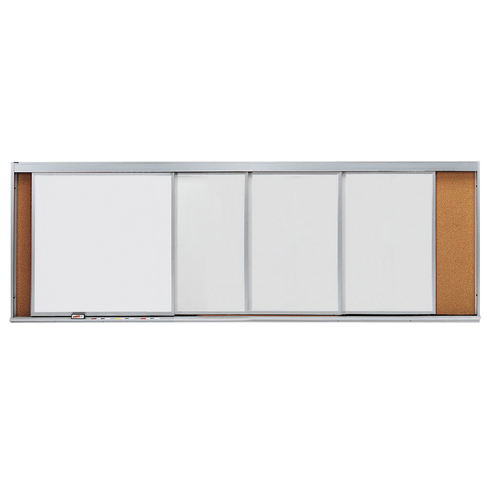 Aarco HSU412-4 144" x 48" Stationary Cork Board With 4 Horizontal Sliding Marker Boards