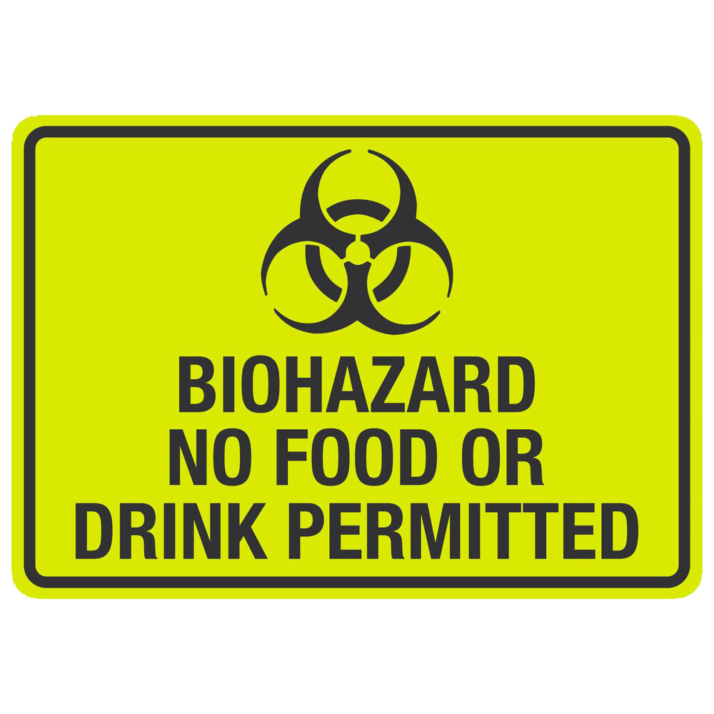 Lavex "Biohazard / No Food Or Drink Permitted" Engineer-Grade Reflective Black / Yellow Aluminum Sign with Symbol - 10" x 7"