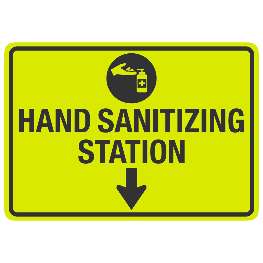 "Hand Sanitizing Station" Engineer-Grade Reflective Black / Yellow Aluminum Sign with Down Arrow and Symbol - 10" x 7"