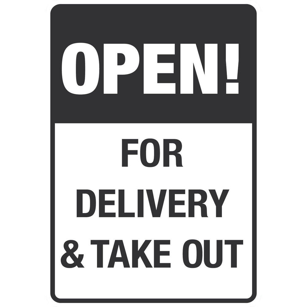 "Open! / For Delivery and Take Out" Engineer-Grade Reflective Black / White Decal - 7" x 10"