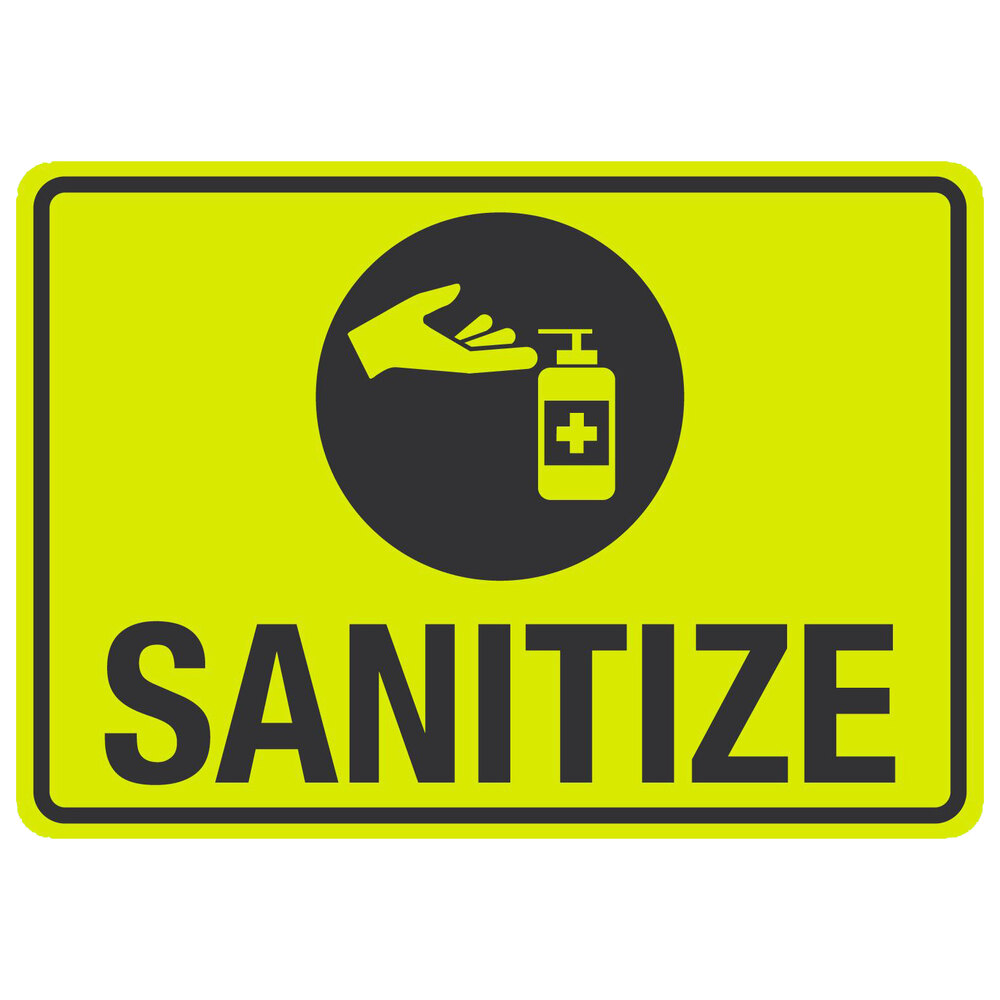 "Sanitize" Engineer-Grade Reflective Black / Yellow Aluminum Sign with Symbol - 14" x 10"