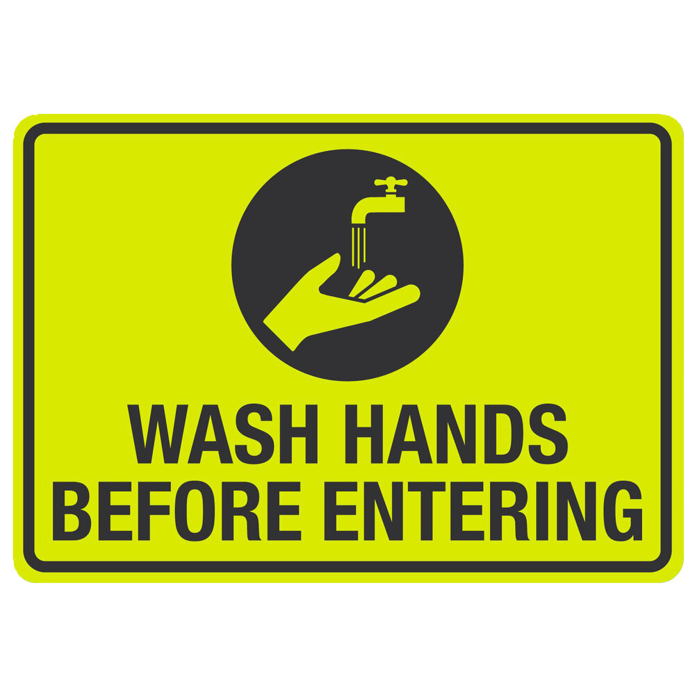 "Wash Hands Before Entering" Engineer-Grade Reflective Black / Yellow Decal with Symbol - 10" x 7"