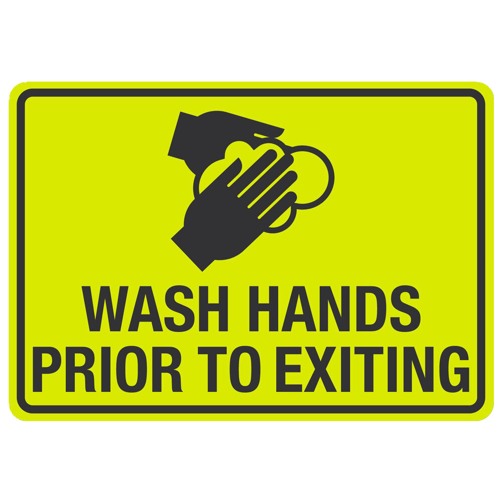 "Wash Hands Prior To Exiting" Engineer-Grade Reflective Black / Yellow Decal with Symbol - 14" x 10"