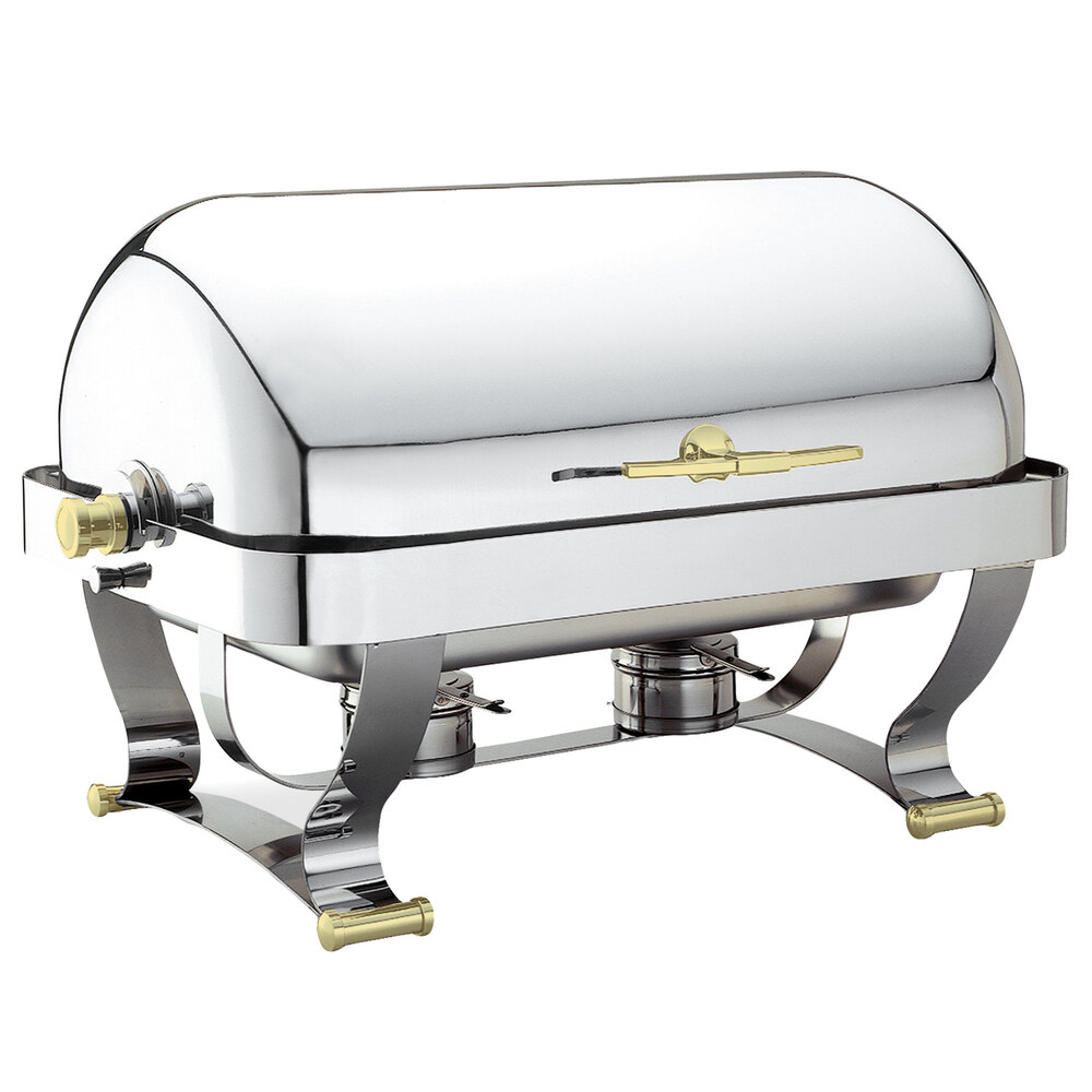 Walco WL54120G Grandeur 8 Qt. Rectangle Stainless Steel Roll Top Chafer with Gold Feet and Handles
