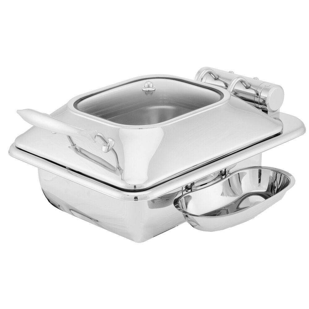 Walco Idol from Steelite International WLWI35UGT 4 Qt. Rectangle Stainless Steel Chafer with Body, Glass Top Lid, Food Pan, and Spoon Holder