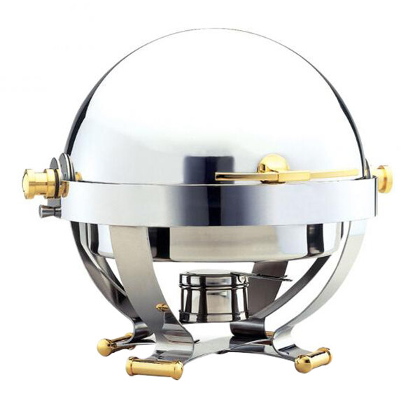 Walco WL54130G Satellite 6 Qt. Round Stainless Steel Roll Top Chafer with Gold Feet and Handles