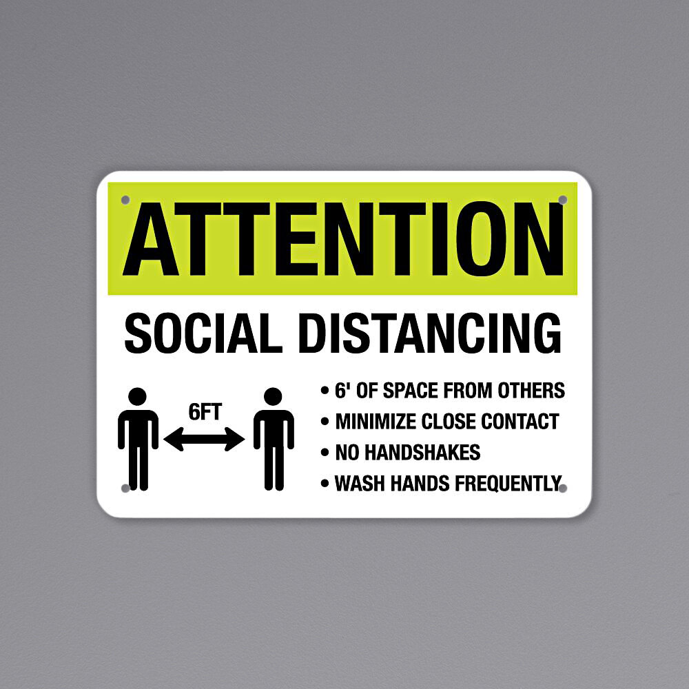 "Attention / Social Distancing / 6 Ft." Engineer-Grade Reflective Black / Yellow Decal with Symbol - 10" x 7"