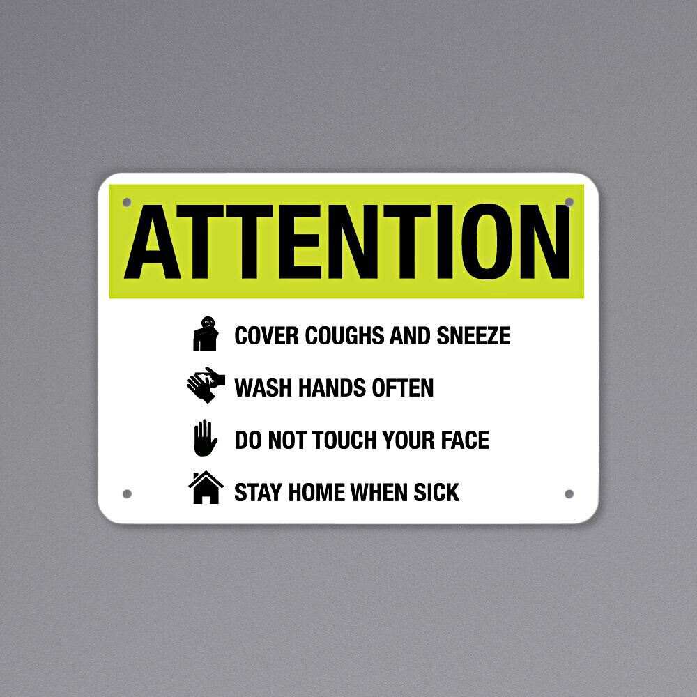 "Attention / Cover Coughs And Sneeze" Engineer-Grade Reflective Black / Yellow Aluminum Sign with Symbols - 10" x 7"