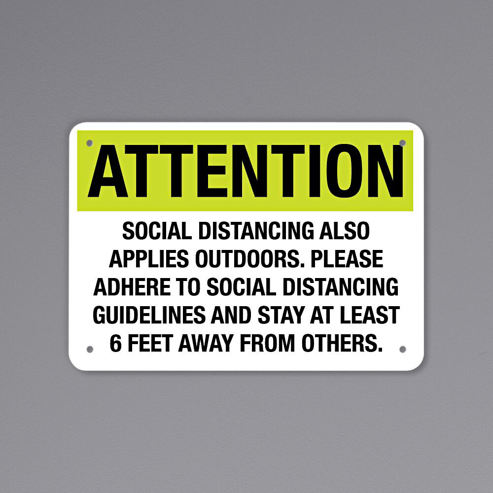 "Attention / Social Distancing Also Applies Outdoors" Engineer-Grade Reflective Black / Yellow Decal - 14" x 10"