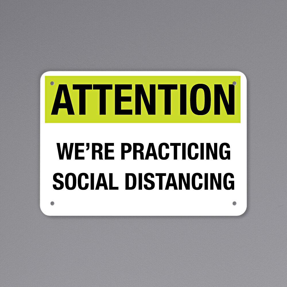 "Attention / We're Practicing Social Distancing" Engineer-Grade Reflective Black / Yellow Aluminum Sign - 14" x 10"
