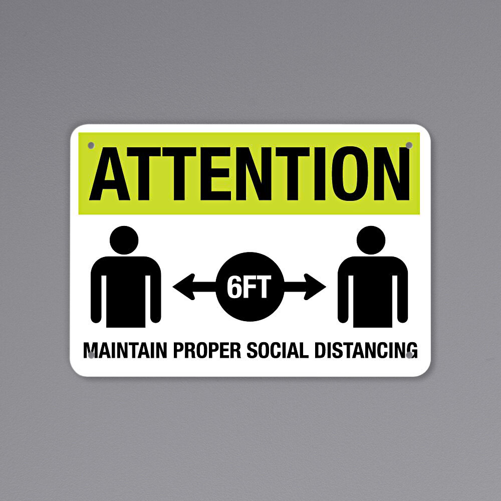 "Attention / 6 Ft. / Maintain Proper Social Distancing" Engineer-Grade Reflective Black / Yellow Aluminum Sign with Symbol - 14" x 10"