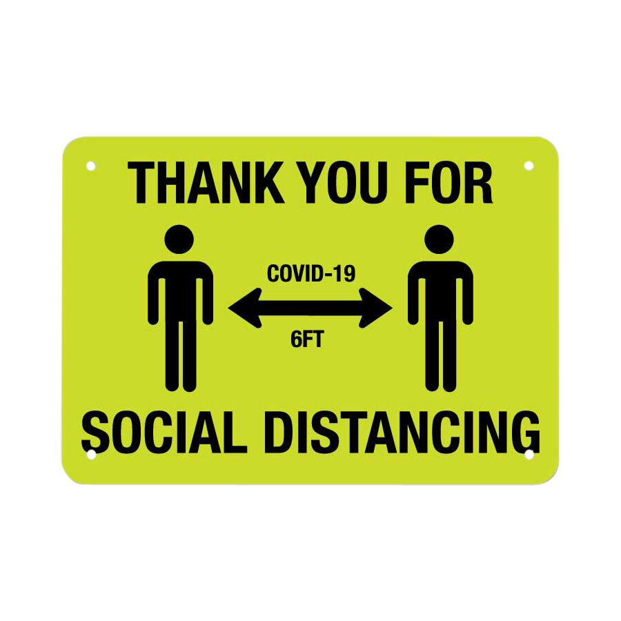"Thank You For Social Distancing / COVID-19 / 6 Ft." Engineer-Grade Reflective Black / Yellow Decal with Symbol - 14" x 10"