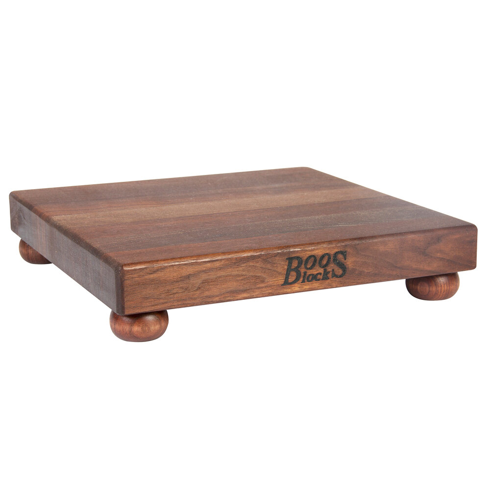 John Boos & Co. WAL-B12S 12" x 12" x 1 1/2" Black Walnut Wood Display Cutting Board with Bun Feet