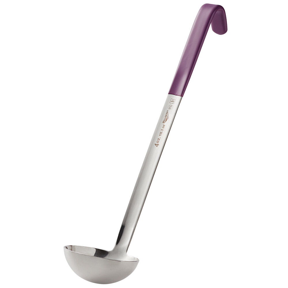 Vollrath 4980480 Jacob's Pride® 4 oz. One-Piece Stainless Steel Ladle with Purple Allergen-Free Kool-Touch® Handle
