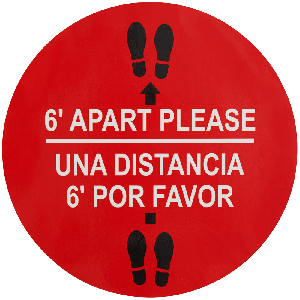 Tablecraft 10613 Red / White "6' Apart Please / Una Distancia 6' Por Favor" Floor Decal - 11 11/16"