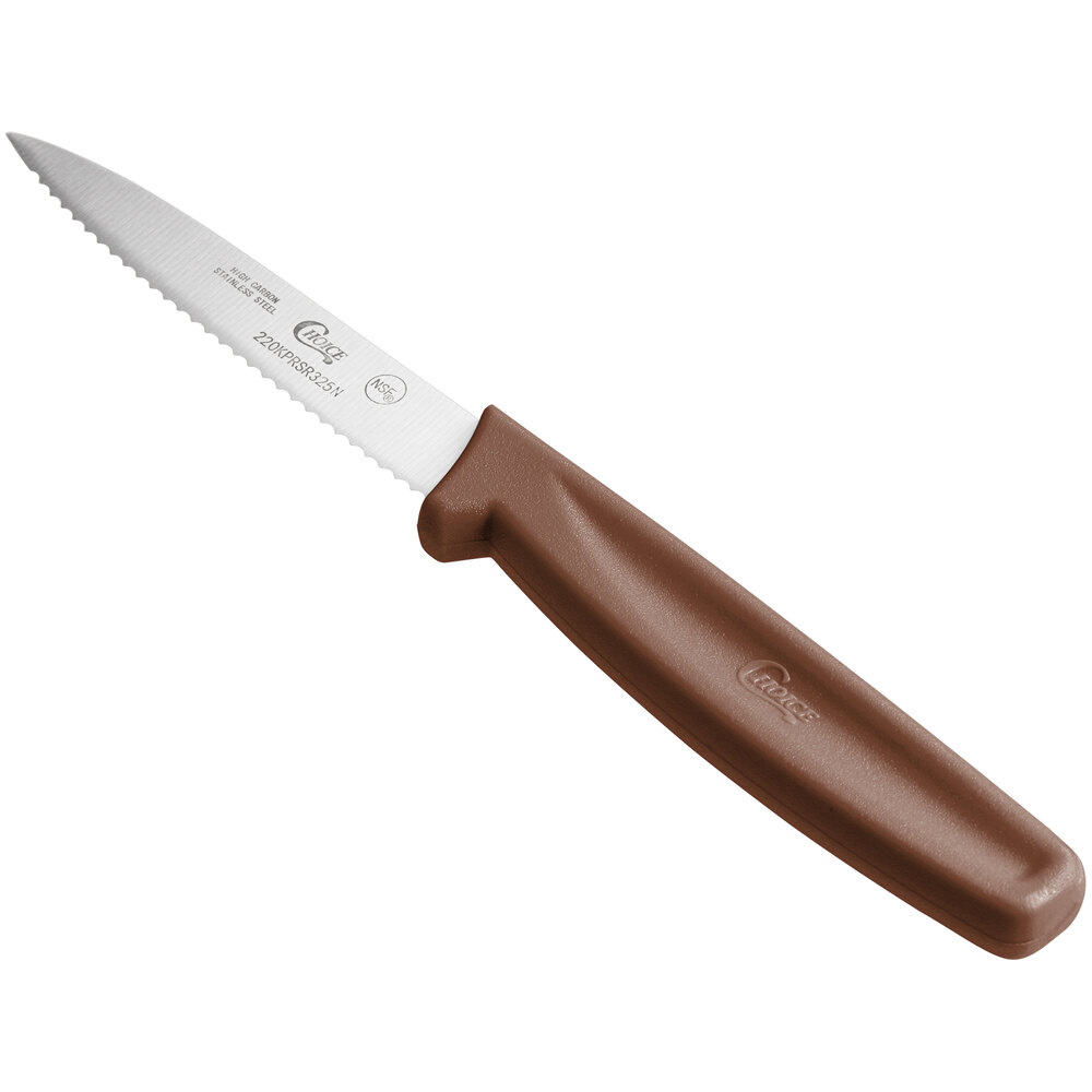 Choice 3 1/4" Serrated Edge Paring Knife with Brown Handle