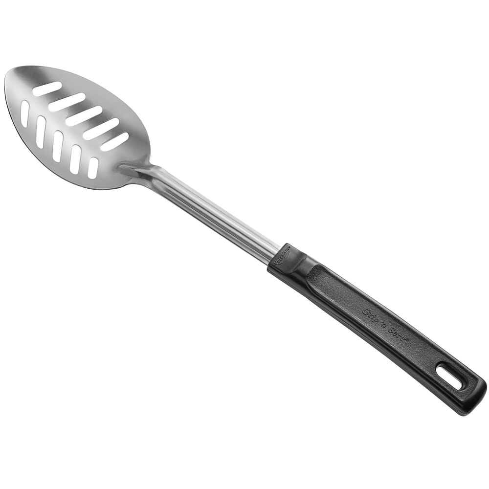 Vollrath 46947 14" Stainless Steel Slotted Basting Spoon with Black Grip 'N Serv® Handle