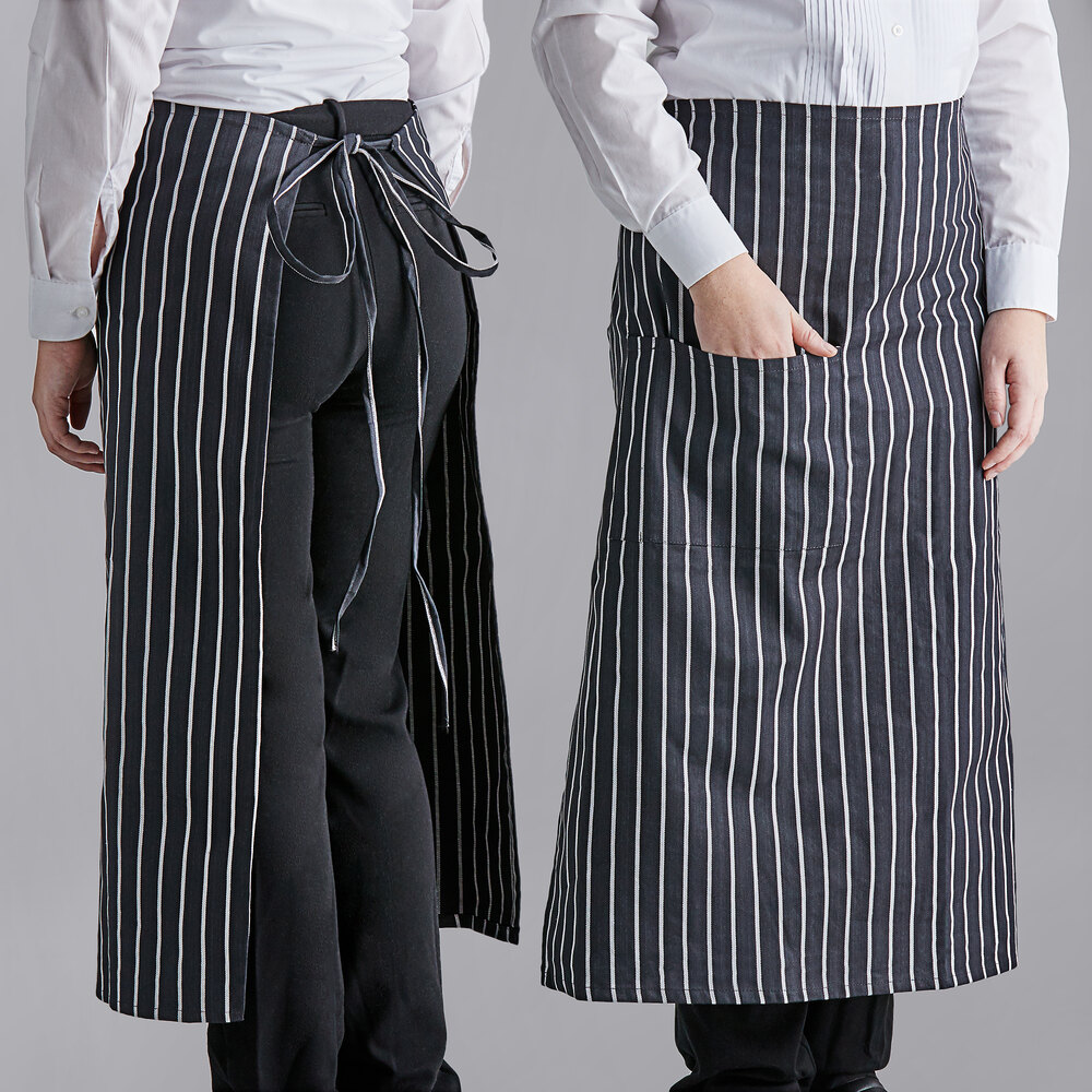 Choice Black and White Poly-Cotton Chalk Stripe Standard Bistro Apron with 1 Pocket - 33" x 30"