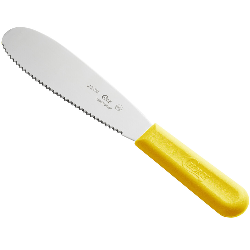 Choice 5 1/2" Scalloped Stainless Steel Sandwich Spreader with Yellow Polypropylene Handle