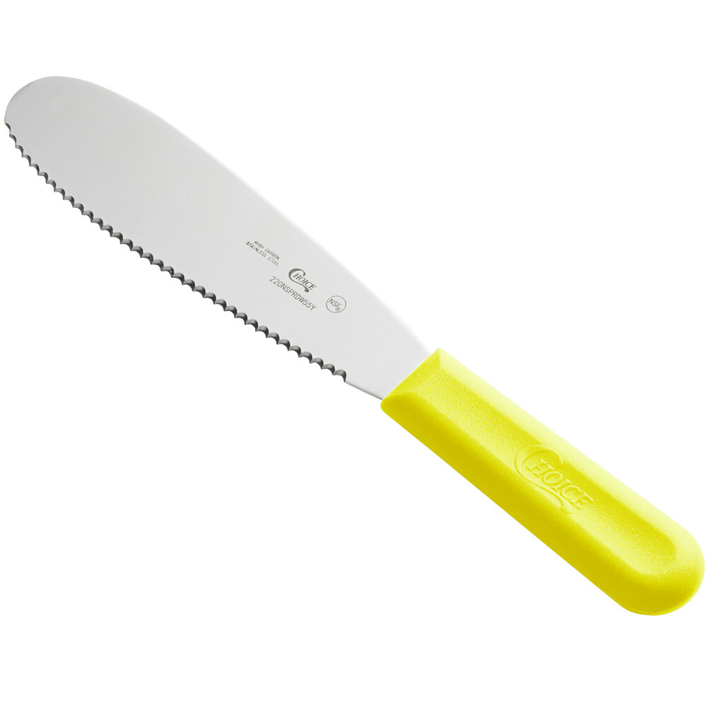 Choice 5 1/2" Scalloped Stainless Steel Sandwich Spreader with Neon Yellow Polypropylene Handle