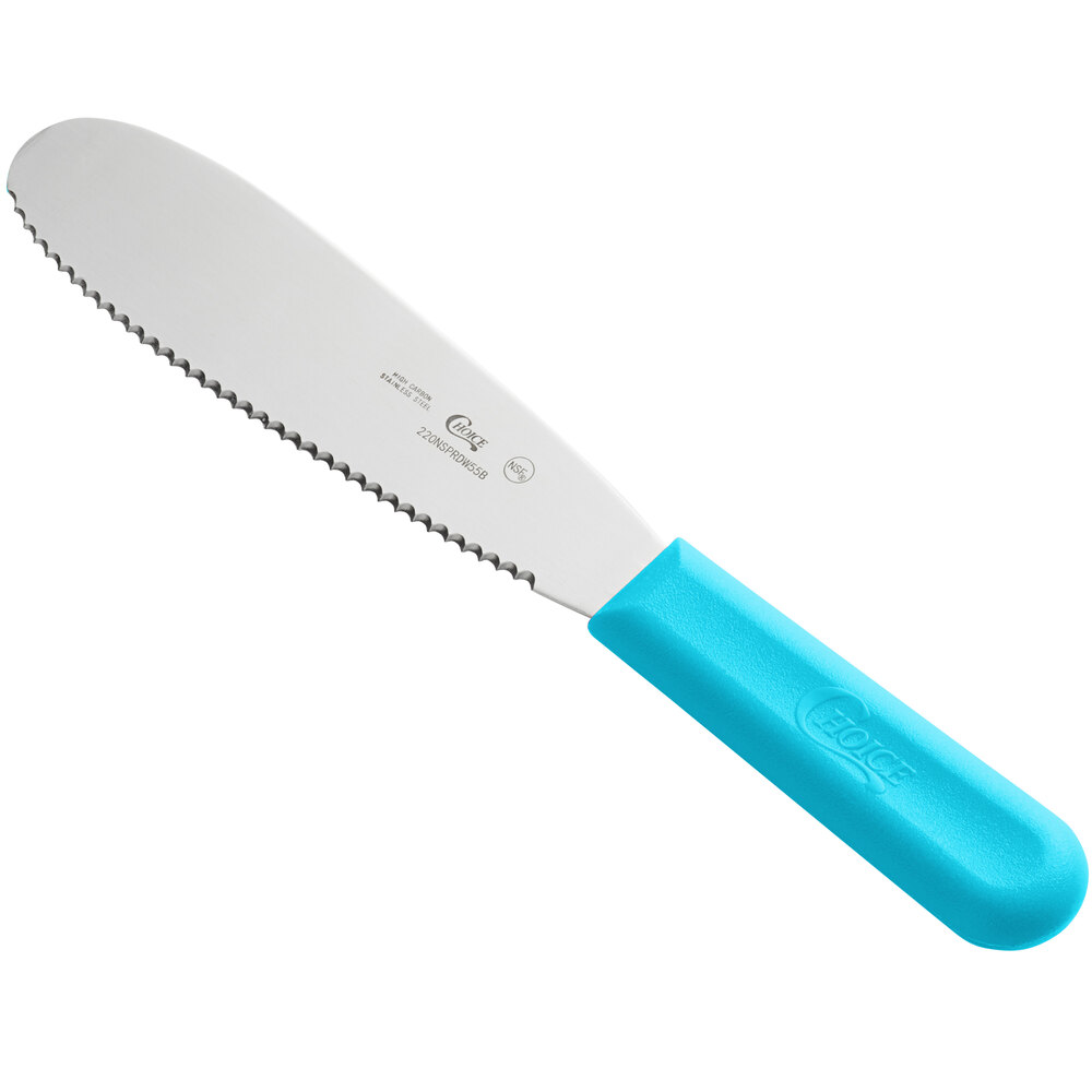 Choice 5 1/2" Scalloped Stainless Steel Sandwich Spreader with Neon Blue Polypropylene Handle
