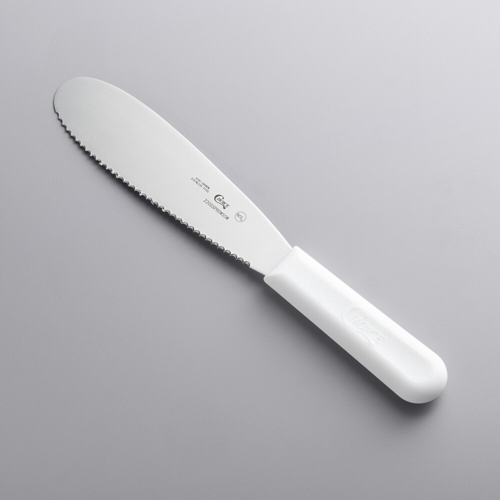 Choice 5 1/2" Scalloped Stainless Steel Sandwich Spreader with White Polypropylene Handle
