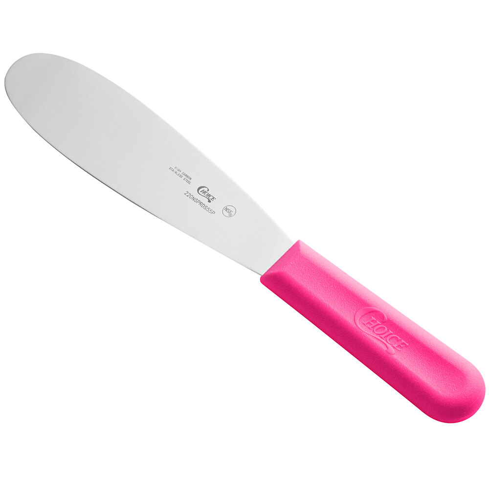 Choice 5 1/2" Smooth Stainless Steel Sandwich Spreader with Neon Pink Polypropylene Handle