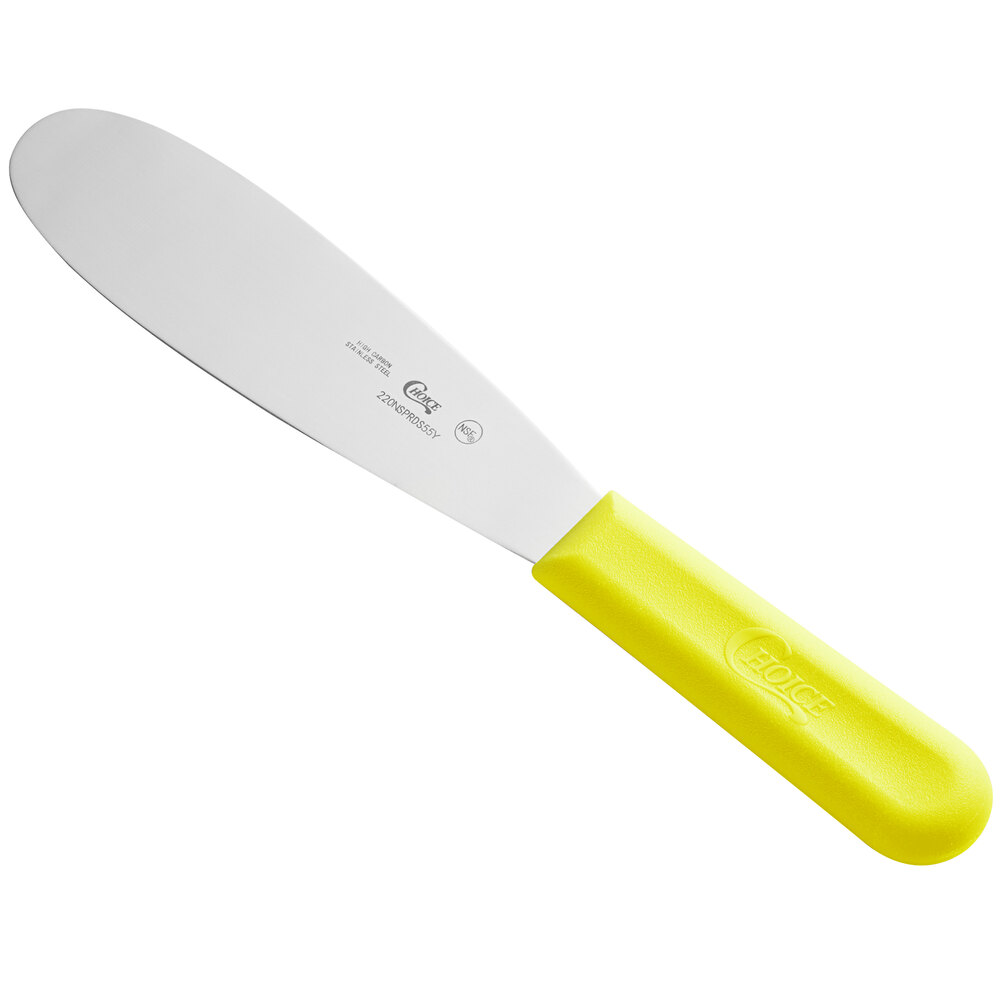 Choice 5 1/2" Smooth Stainless Steel Sandwich Spreader with Neon Yellow Polypropylene Handle