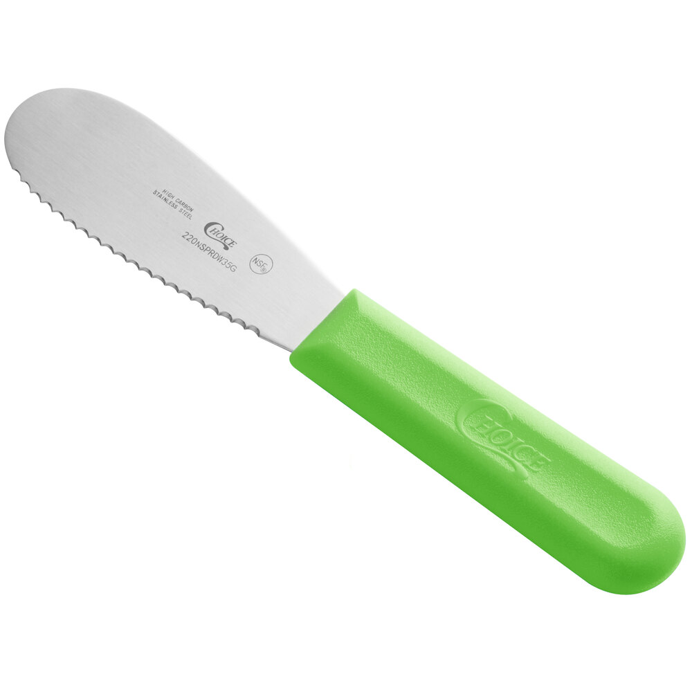 Choice 3 1/2" Scalloped Stainless Steel Sandwich Spreader with Neon Green Polypropylene Handle