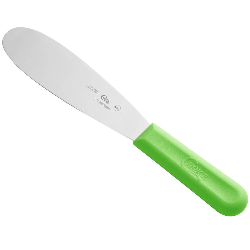 Choice 5 1/2" Smooth Stainless Steel Sandwich Spreader with Neon Green Polypropylene Handle