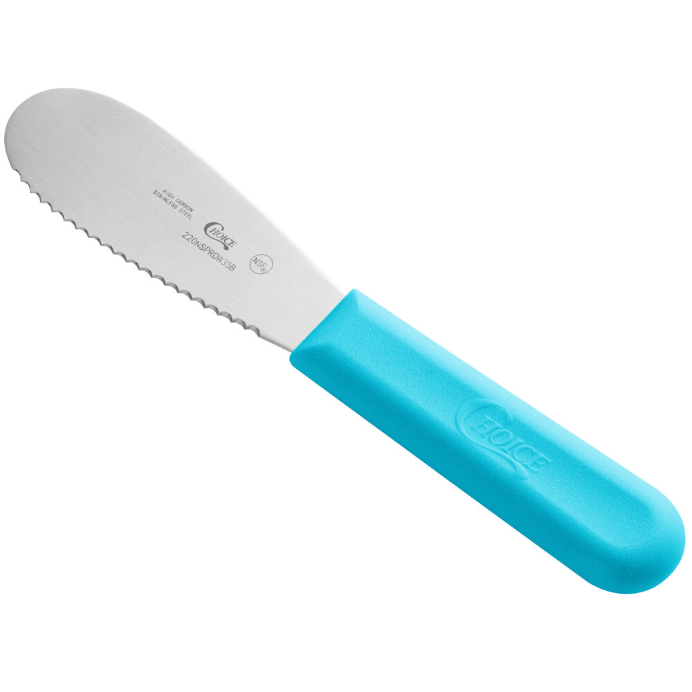 Choice 3 1/2" Scalloped Stainless Steel Sandwich Spreader with Neon Blue Polypropylene Handle