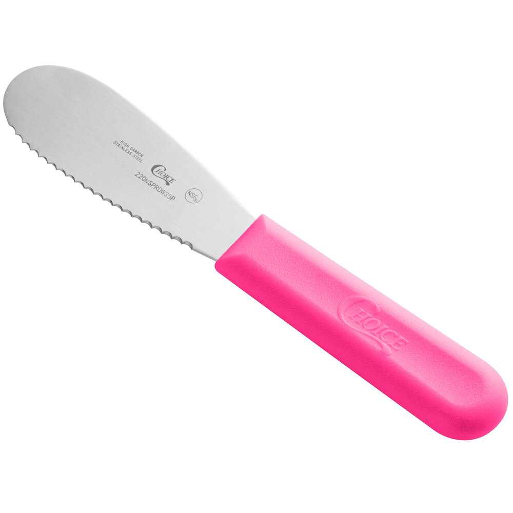 Choice 3 1/2" Scalloped Stainless Steel Sandwich Spreader with Neon Pink Polypropylene Handle