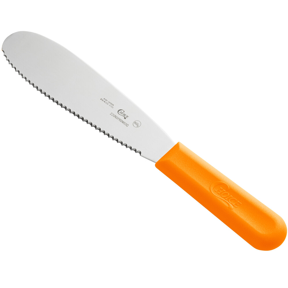 Choice 5 1/2" Scalloped Stainless Steel Sandwich Spreader with Neon Orange Polypropylene Handle