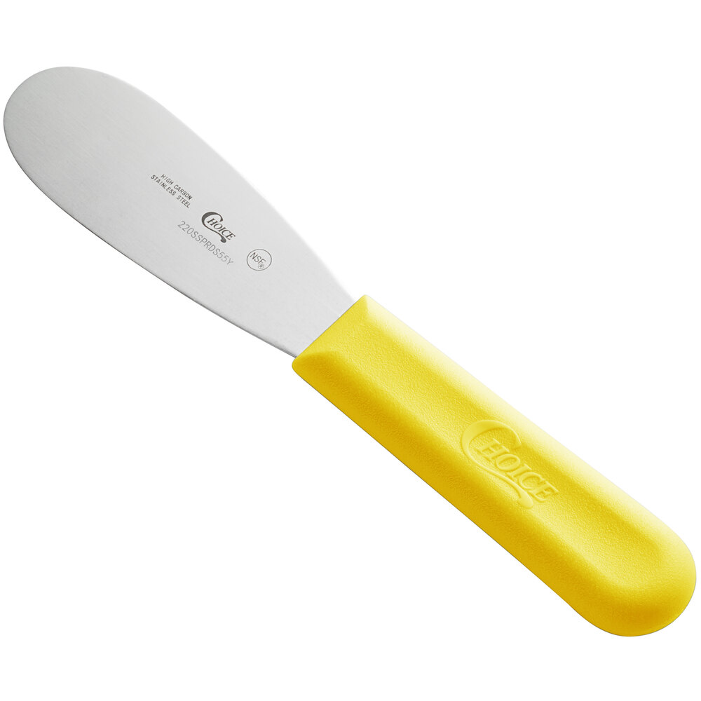 Choice 5 1/2" Smooth Stainless Steel Sandwich Spreader with Yellow Polypropylene Handle