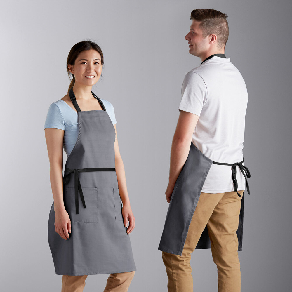 Choice Gray Poly-Cotton Adjustable Bib Apron with 2 Pockets and Black Webbing Accents - 32" x 30"