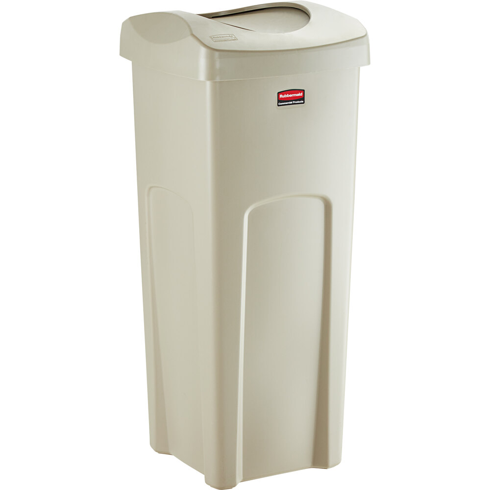 Rubbermaid® 6903569BGKIT Untouchable 92 Qt. / 23 Gallon Beige Square Trash Can with Drop Shot Lid