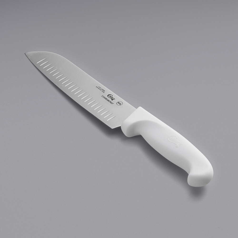 Choice 7" Santoku Knife with Granton Edge and White Handle