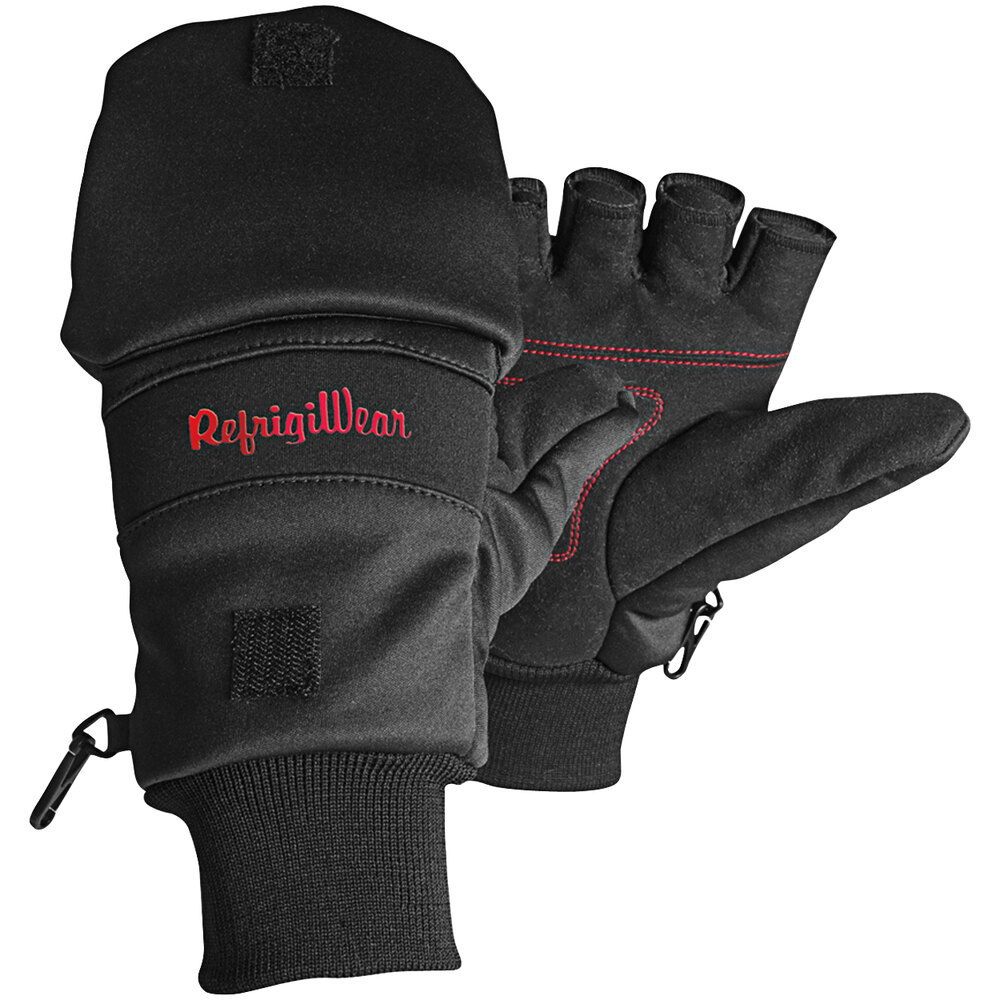 RefrigiWear 0504RBLKLAR Black Insulated Softshell Convertible Mitts - Large - Pair