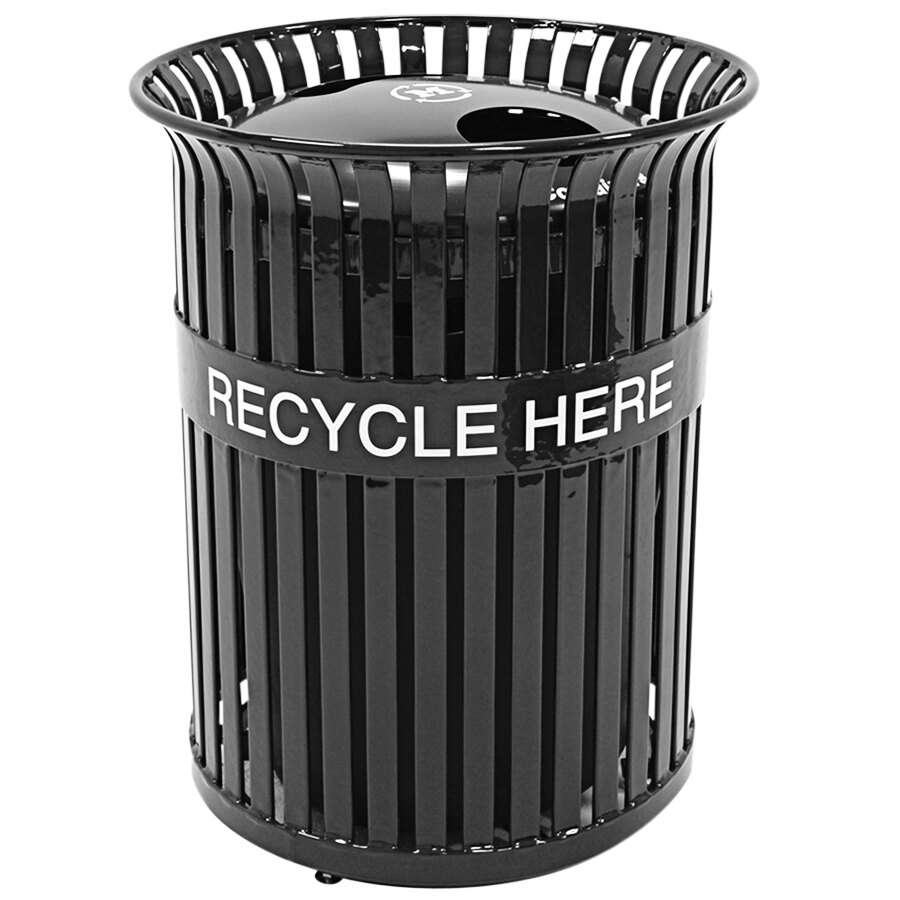 Wausau Tile MF3235 2-Stream 26 Gallon Flat Steel Round Logo Band Outdoor Recycling Bin with Aluminum 2-Hole Lid