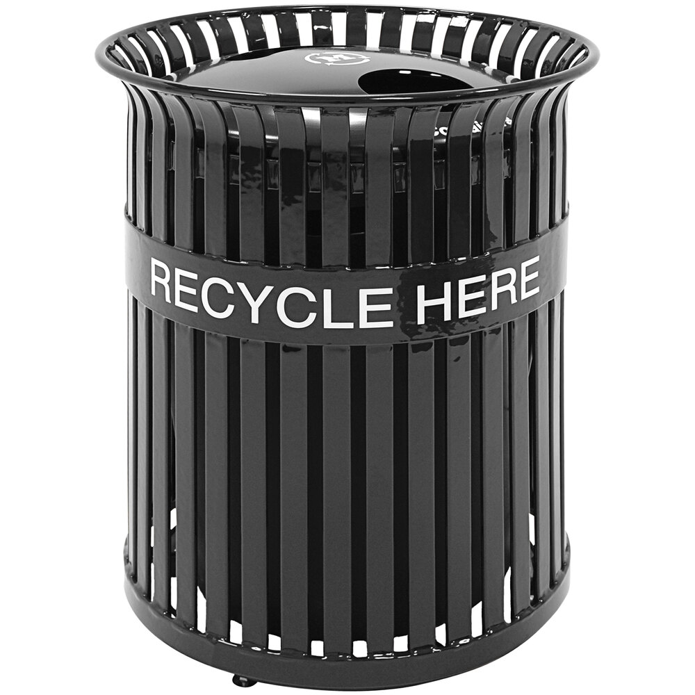 Wausau Tile MF3221 2-Stream 26 Gallon Flat Steel Round Logo Band Outdoor Recycling Bin with Aluminum 2-Hole Lid