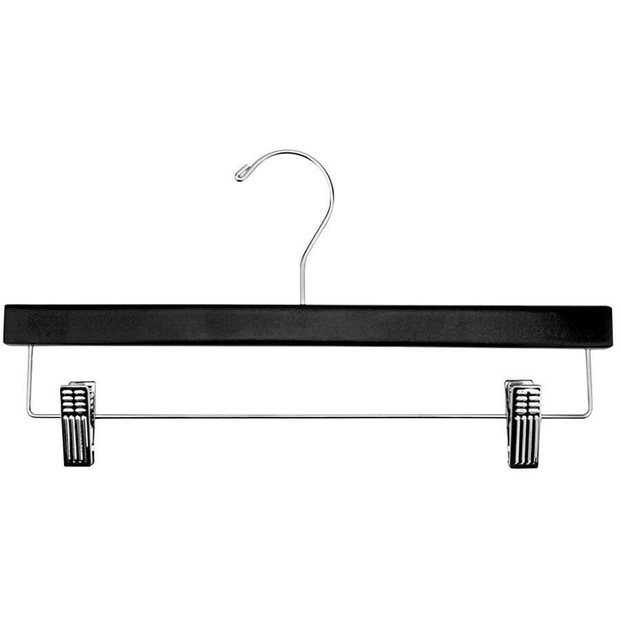 14" Black Gloss Flat Wooden Skirt / Pant Hanger with Chrome Hardware - 100/Pack
