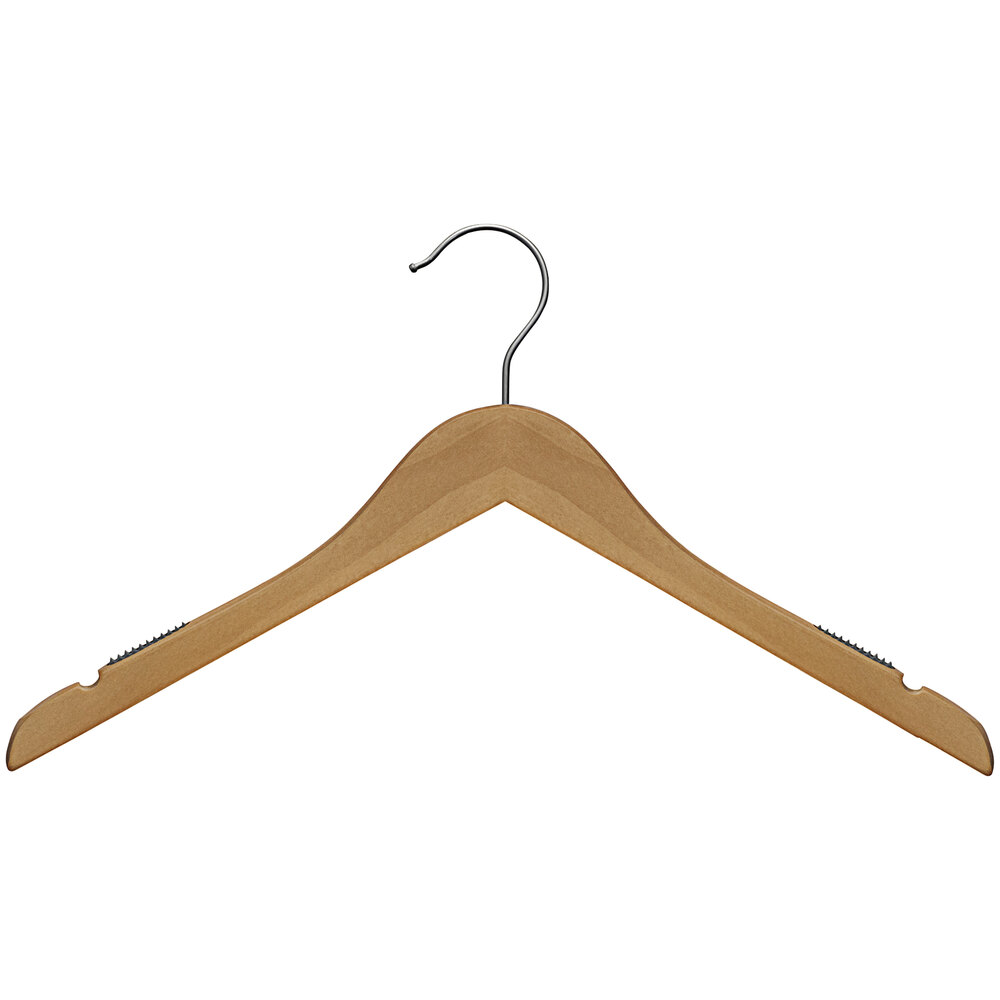 17" Natural Low Gloss Wooden Shirt Hanger with Chrome Hook - 100/Pack