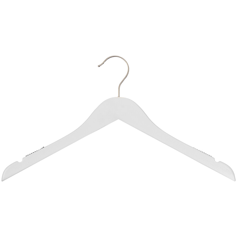 17" White Low Gloss Wooden Shirt Hanger with Chrome Hook - 100/Pack