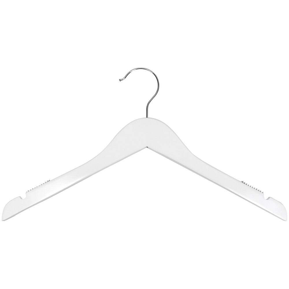 17" White High Gloss Wooden Shirt Hanger with Chrome Hook - 100/Pack