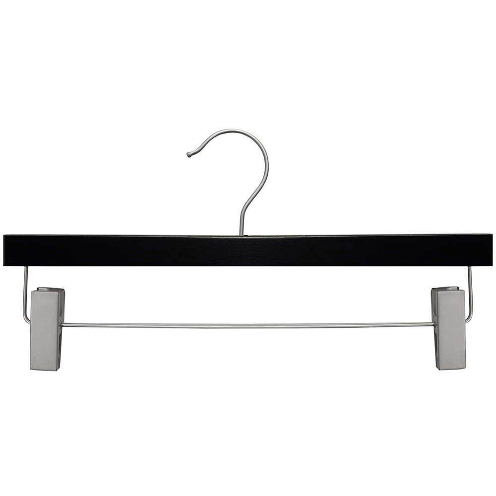 14" Black Low Gloss Flat Wooden Skirt / Pant Hanger with Brushed Chrome Hardware - 100/Pack
